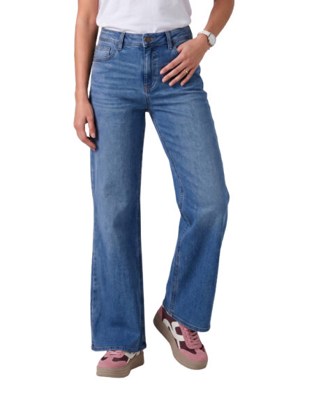 Women's high waist wide leg denim jeans in light blue stretch denim by Rough & Tough